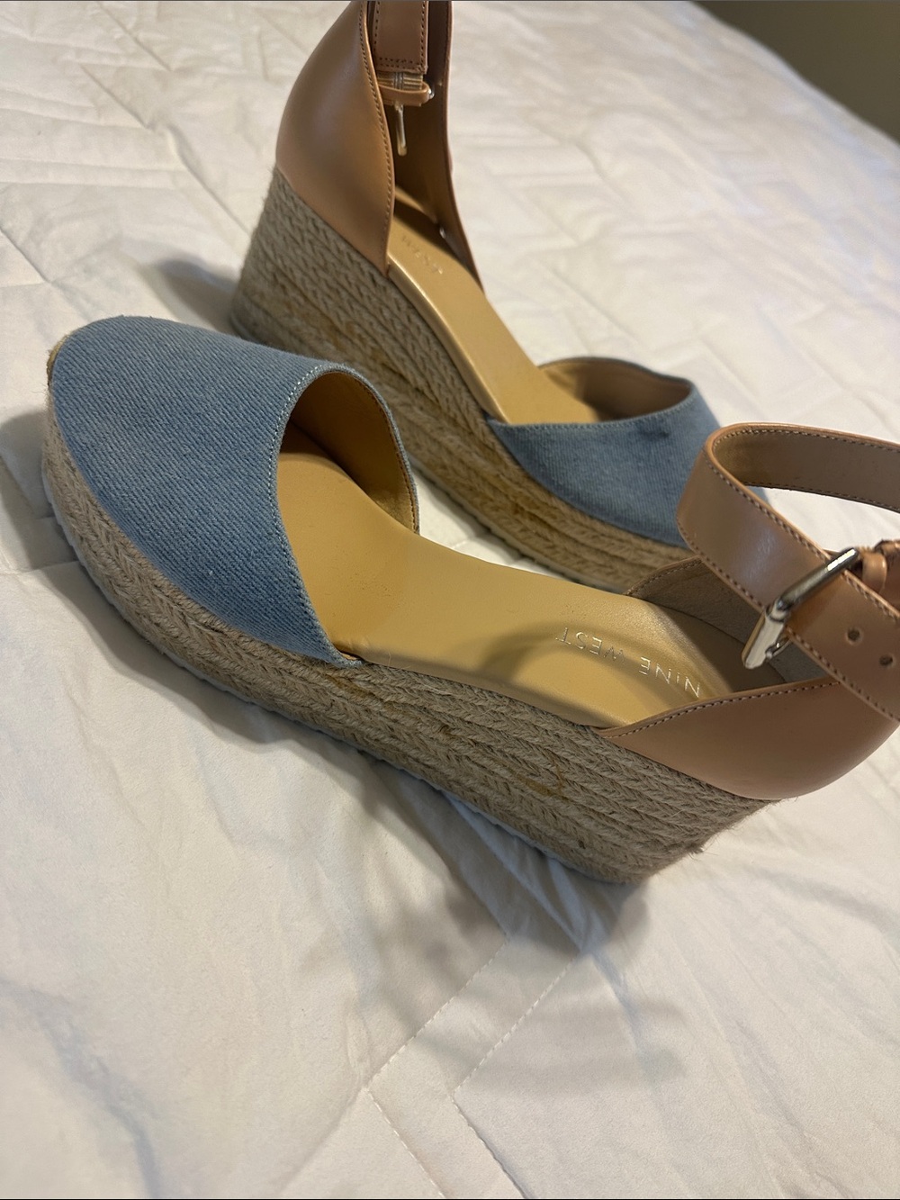 Nine West Light Blue and Tan Espadrille Wedge Sandals